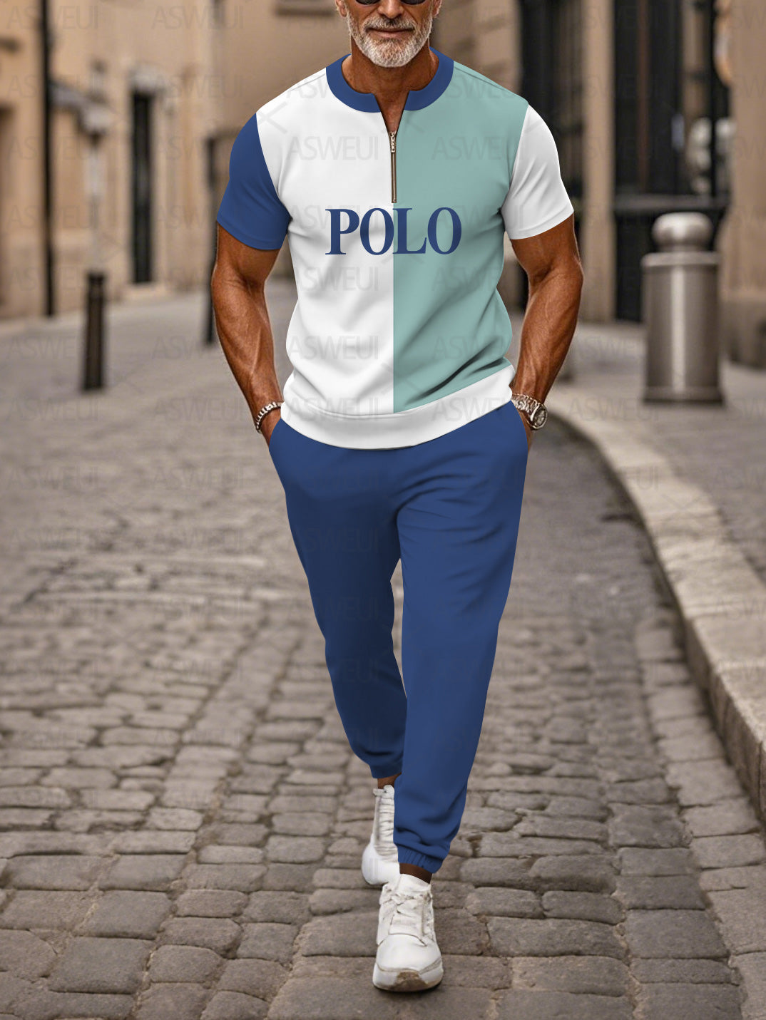 Zipper Short Sleeve Long Pants Two-Piece Set - DUVAL