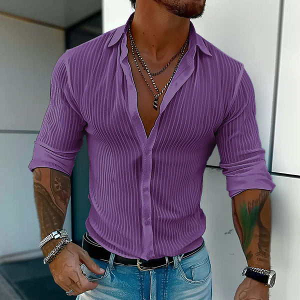 Solid Color Striped Lapel Long Sleeve Shirt