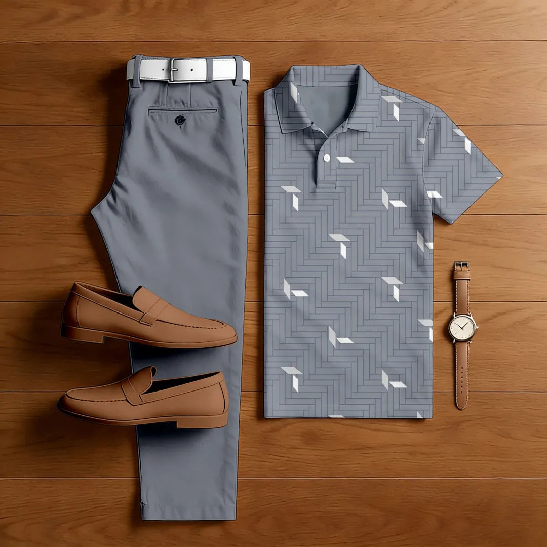 Polo-Collar Short Sleeved Trousers Two-Piece Set - DUVAL