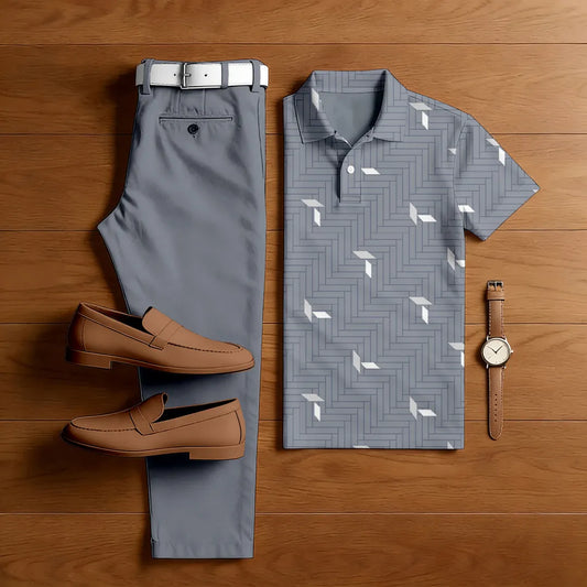 Polo-Collar Short Sleeved Trousers Two-Piece Set - DUVAL