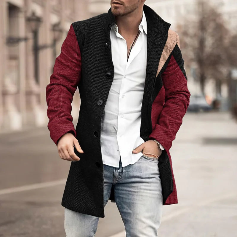 Stylish Color Block Geometric Print Coat - DUVAL