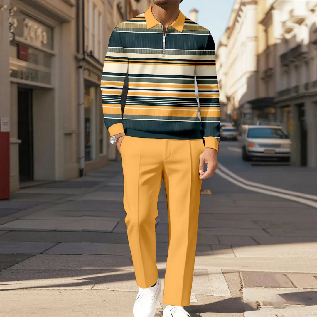 Zipper Long Sleeve Polo Long Pants Two-Piece Set