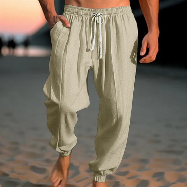 Solid Loose Linen Elastic Waist Casual Pants