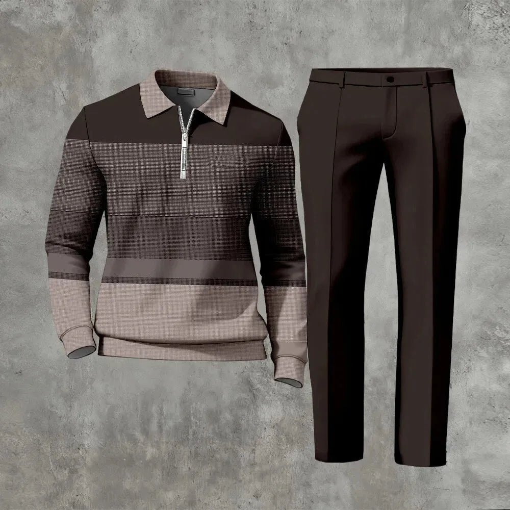 Polo-Collar Zipper Long Sleeved Trousers Two-Piece Set - DUVAL