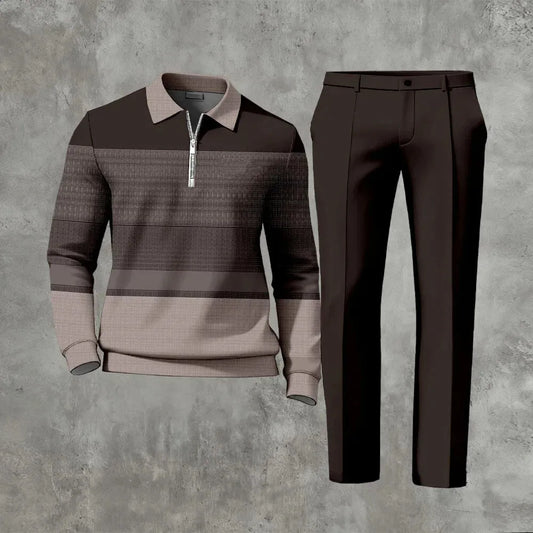 Polo-Collar Zipper Long Sleeved Trousers Two-Piece Set - DUVAL