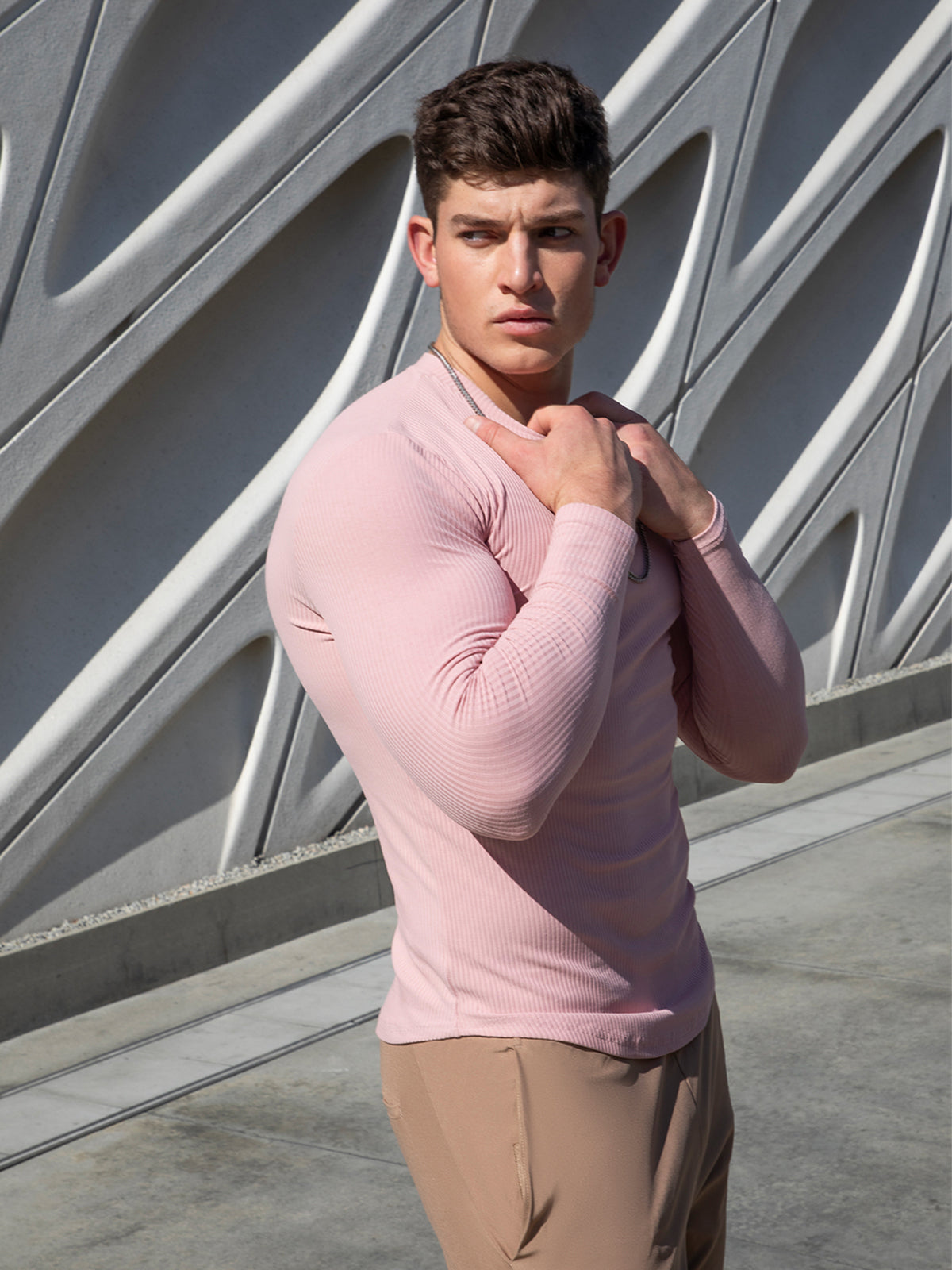 Muscle Fit V-Neck Long Sleeve Cotton Rib Knit Tech T-Shirt