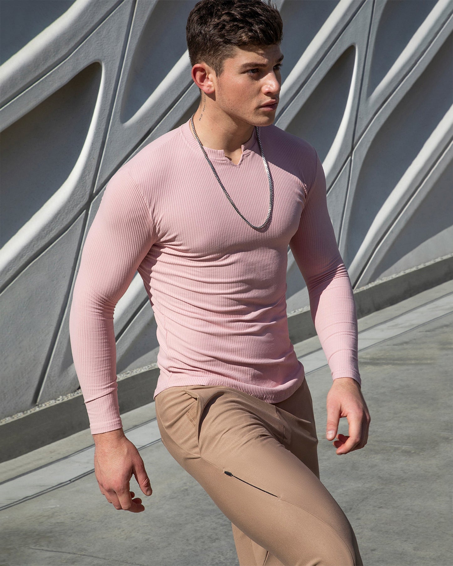 Muscle Fit V-Neck Long Sleeve Cotton Rib Knit T-Shirt