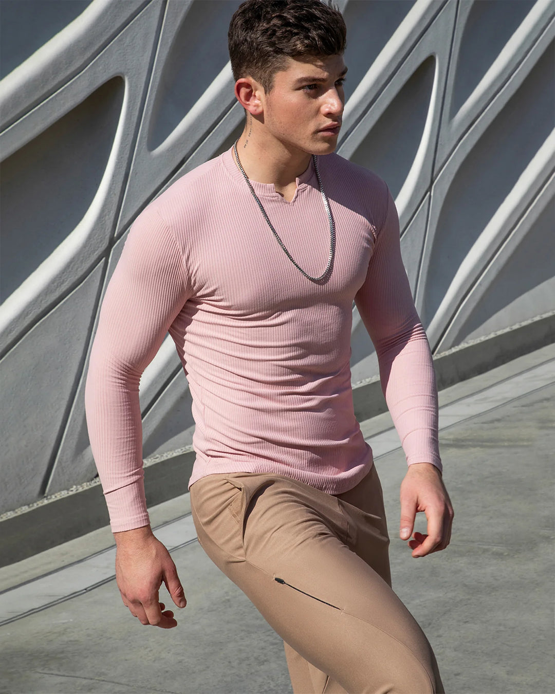 Muscle Fit V-Neck Long Sleeve Cotton Rib Knit Tech T-Shirt - DUVAL