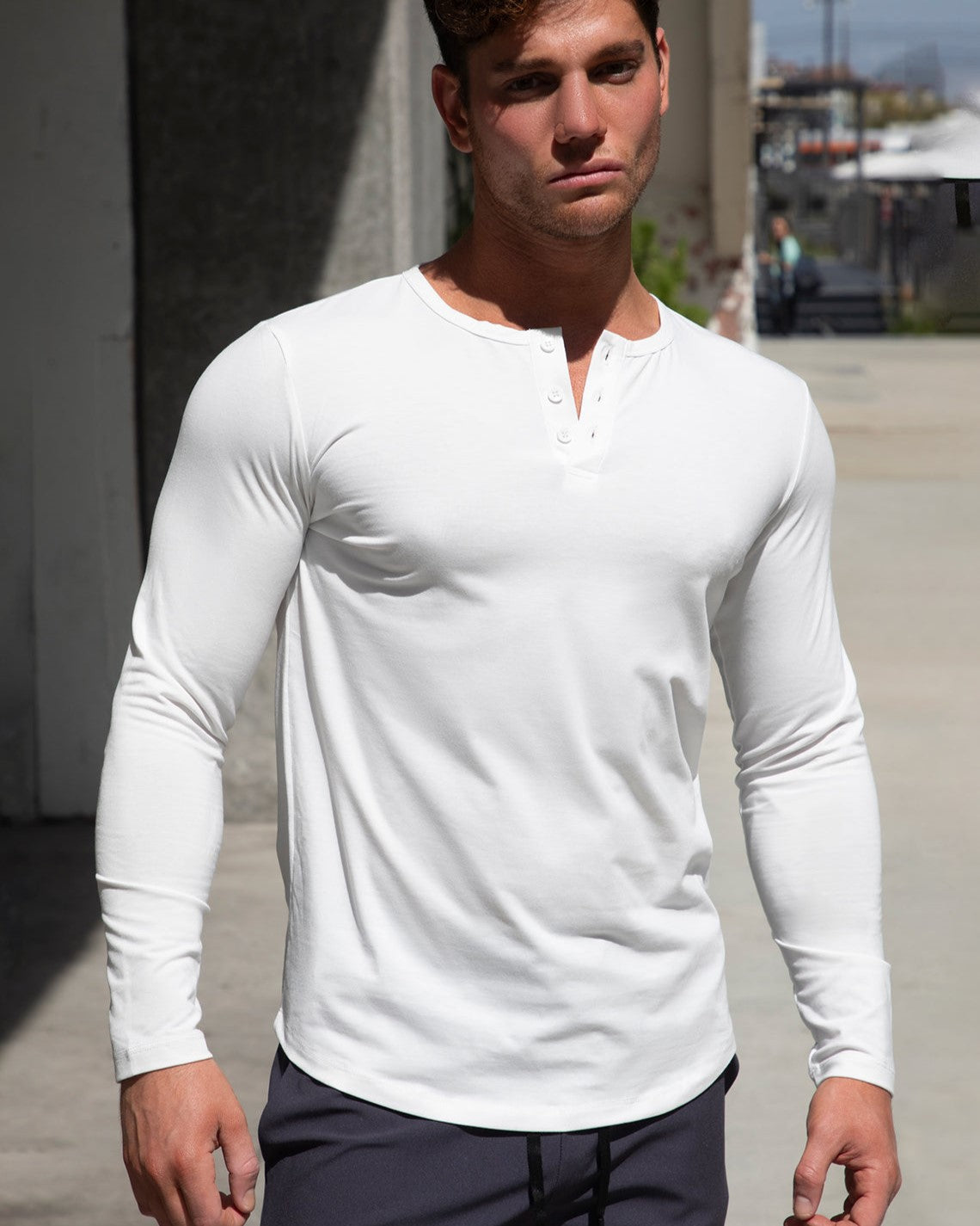 All Day Elite Henley Curve-Hem Stretch Long Sleeve