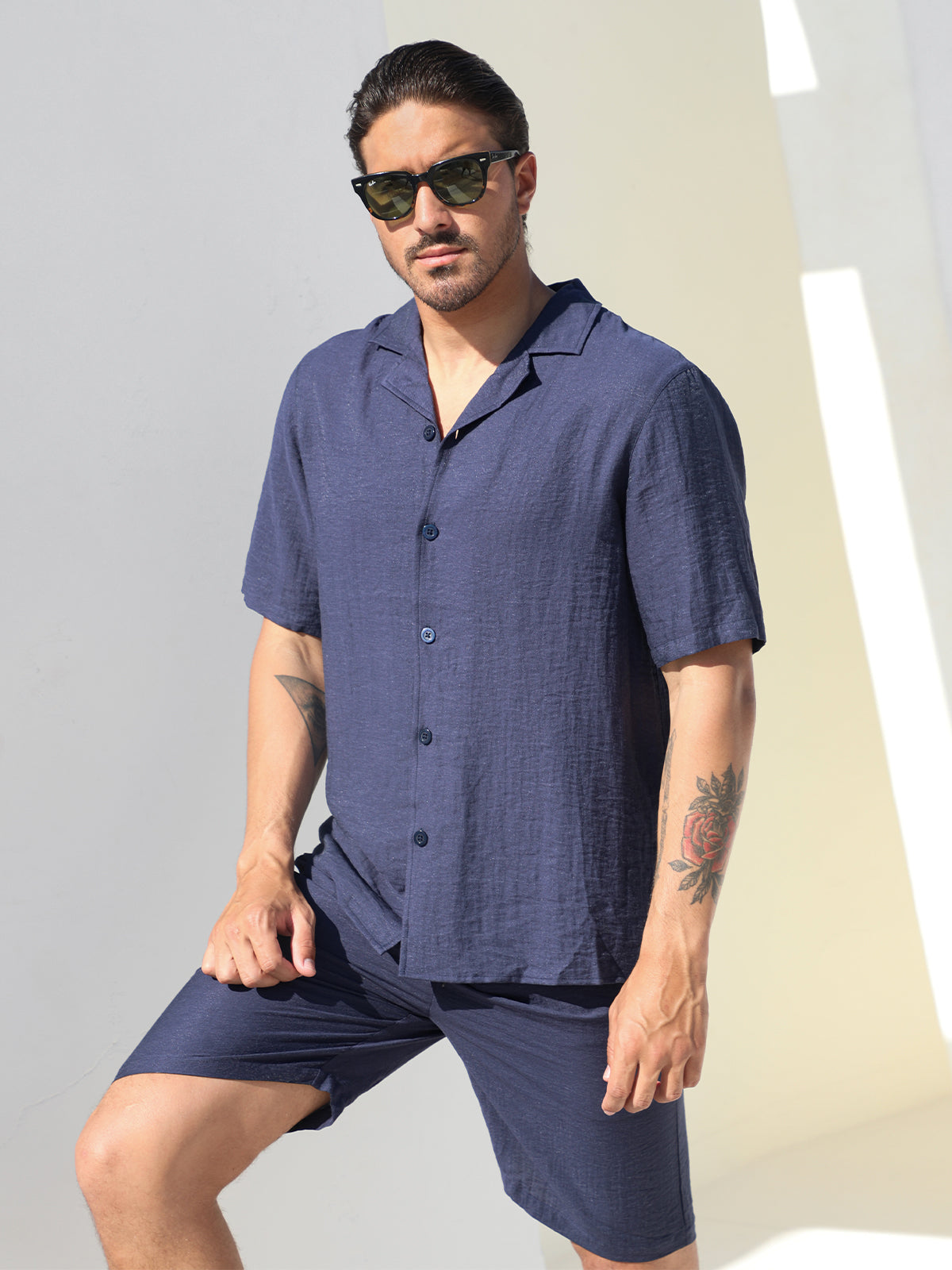 Set Linen Hawaiian Shirt +Shorts Navy