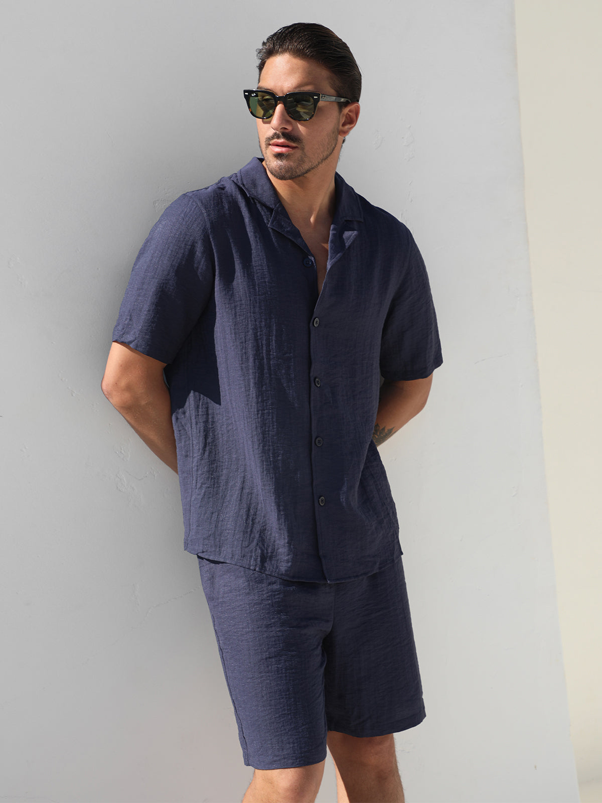 Set Linen Hawaiian Shirt +Shorts Navy