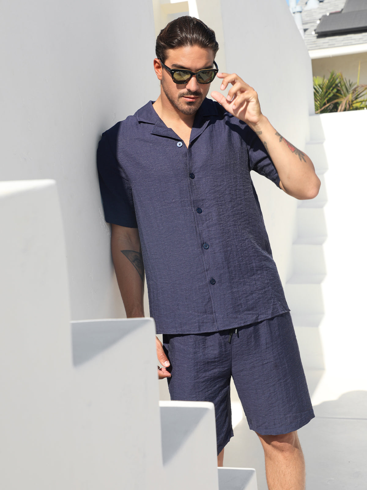 Set Linen Hawaiian Shirt +Shorts Navy