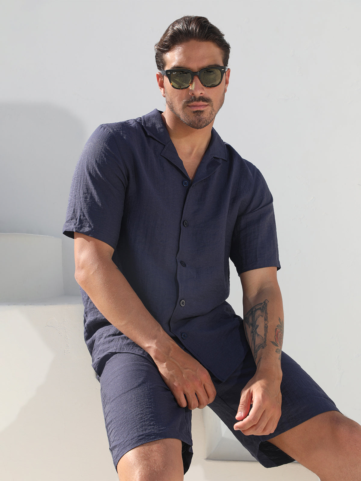 Set Linen Hawaiian Shirt +Shorts Navy