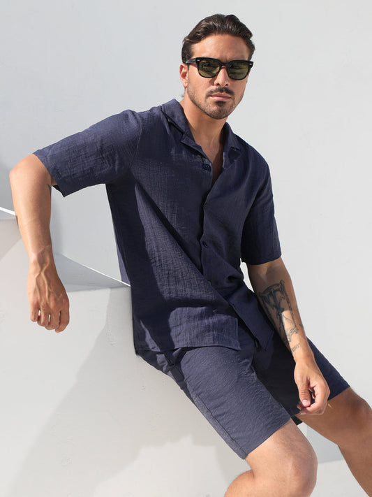 Set Linen Hawaiian Shirt +Shorts Navy