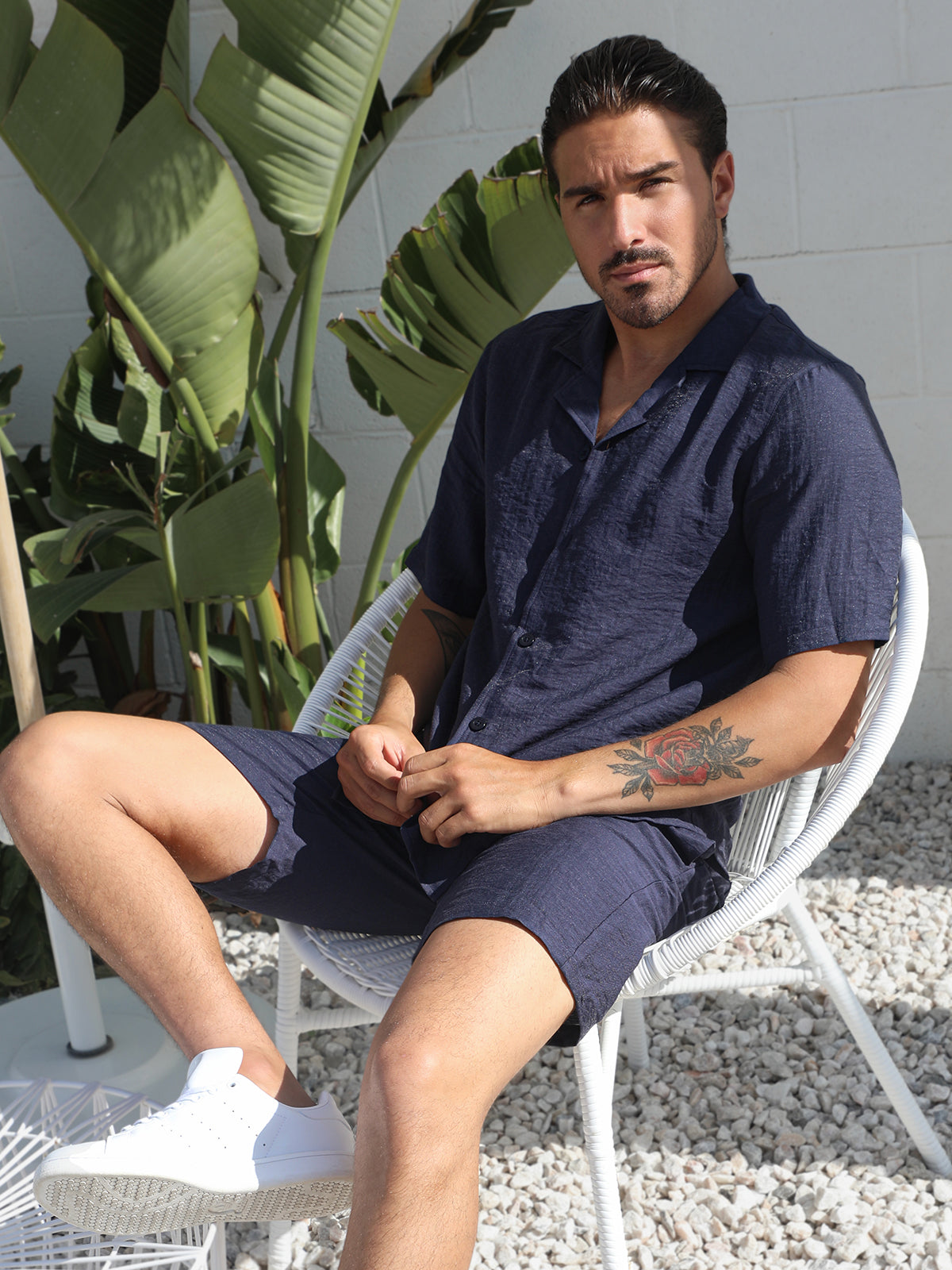 Set Linen Hawaiian Shirt +Shorts Navy