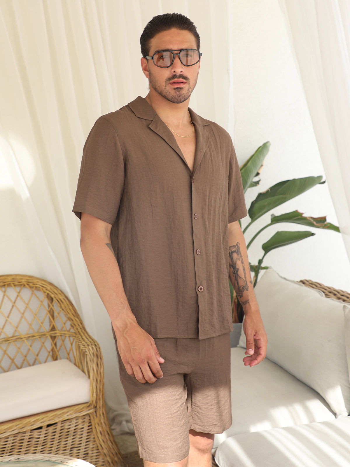 Set: Linen Hawaiian Shirt +Short Brown