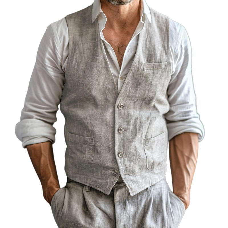 men's-casual-cotton-linen-v-neck-single-breasted-patch-pockets-vest