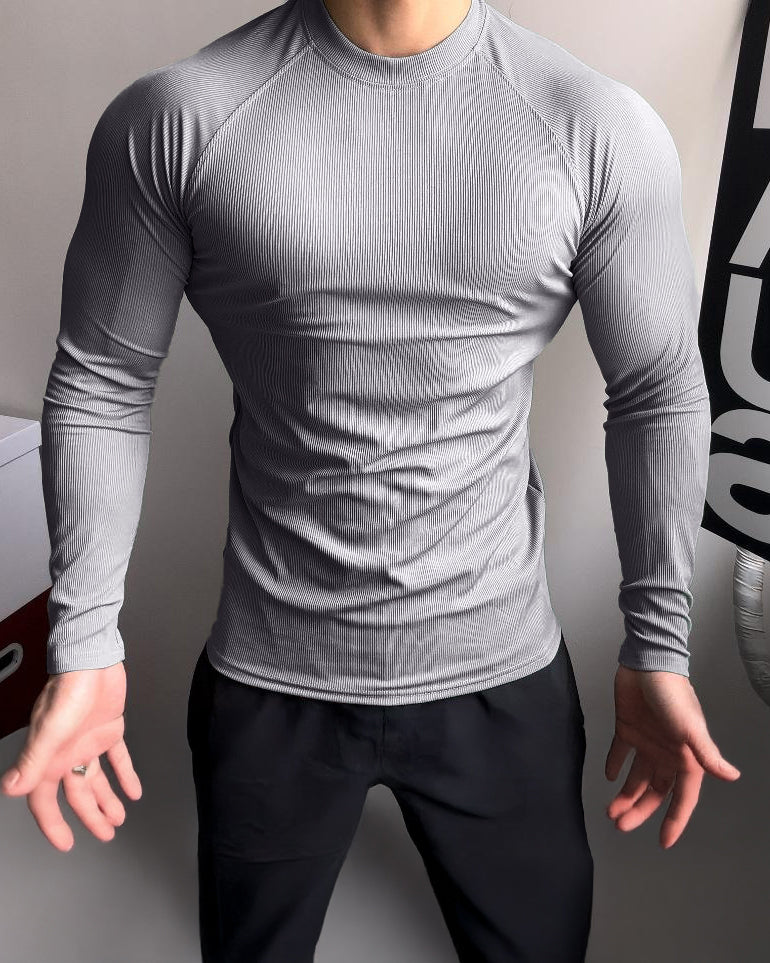 Ribbed Shoulder Cut Crew Neck Long Sleeve