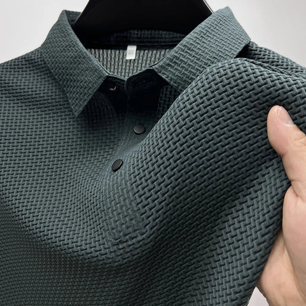 Breathable Button Short Sleeve Solid Polo Shirt - DUVAL