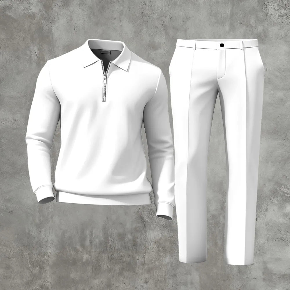 Polo-Collar Zipper Long Sleeved Trousers Two-Piece Set - DUVAL
