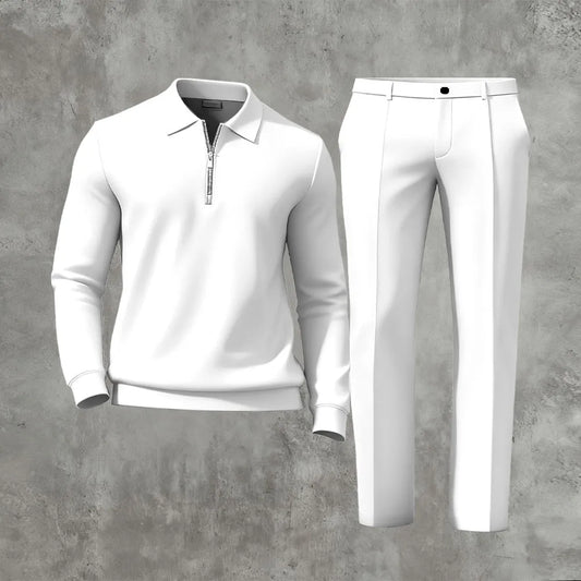 Polo-Collar Zipper Long Sleeved Trousers Two-Piece Set - DUVAL