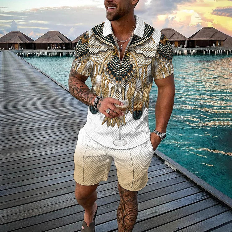 Native American Tribal Feather Polo Shirt And Shorts Co-Ord - DUVAL