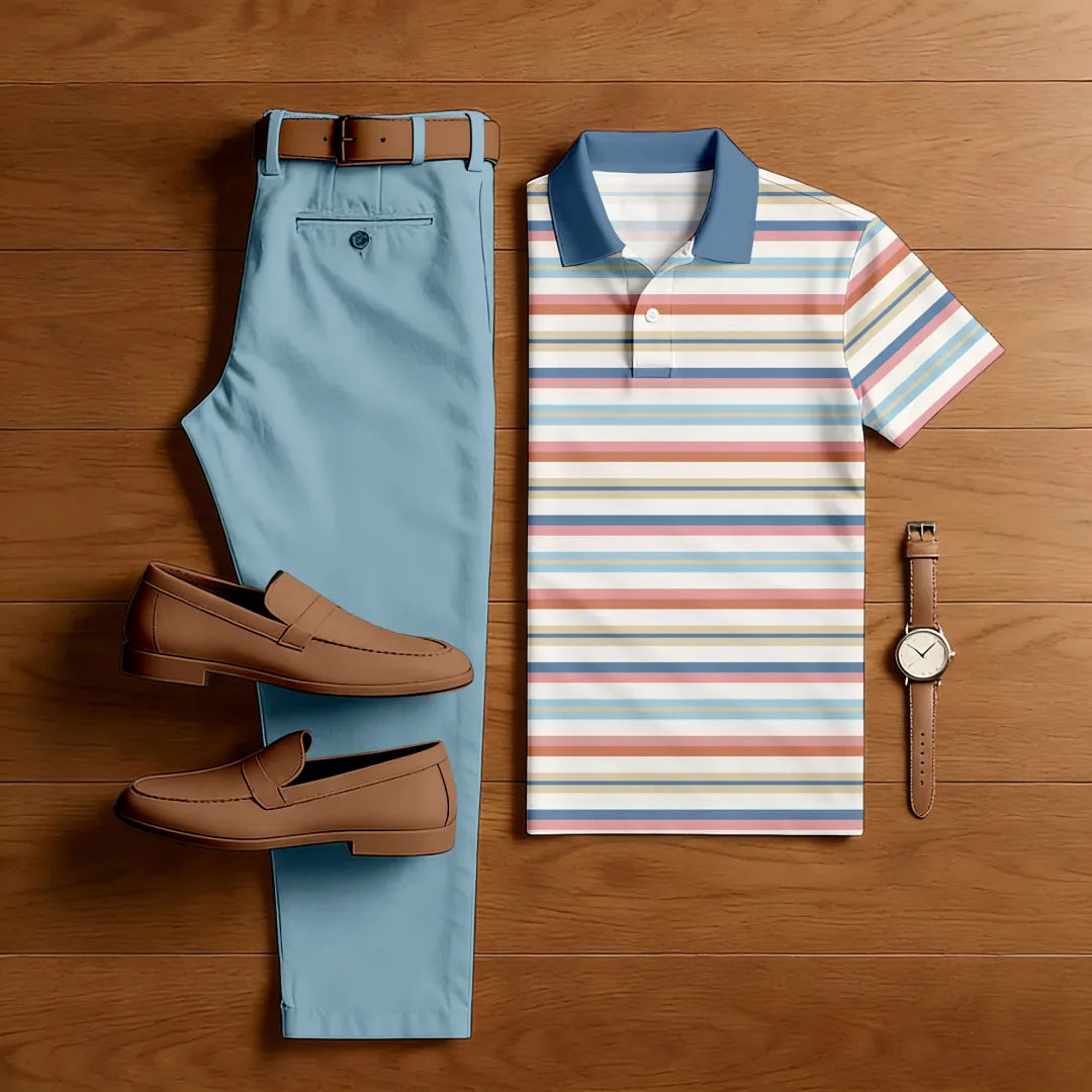 Polo-Collar Short Sleeved Trousers Two-Piece Set - DUVAL