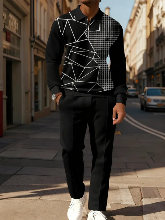 Zipper Long Sleeve Polo Long Pants Two-Piece Set