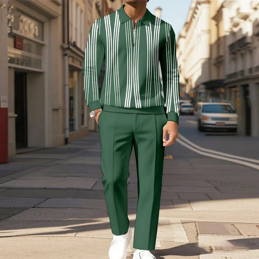 Zipper Long Sleeve Polo Long Pants Two-Piece Set