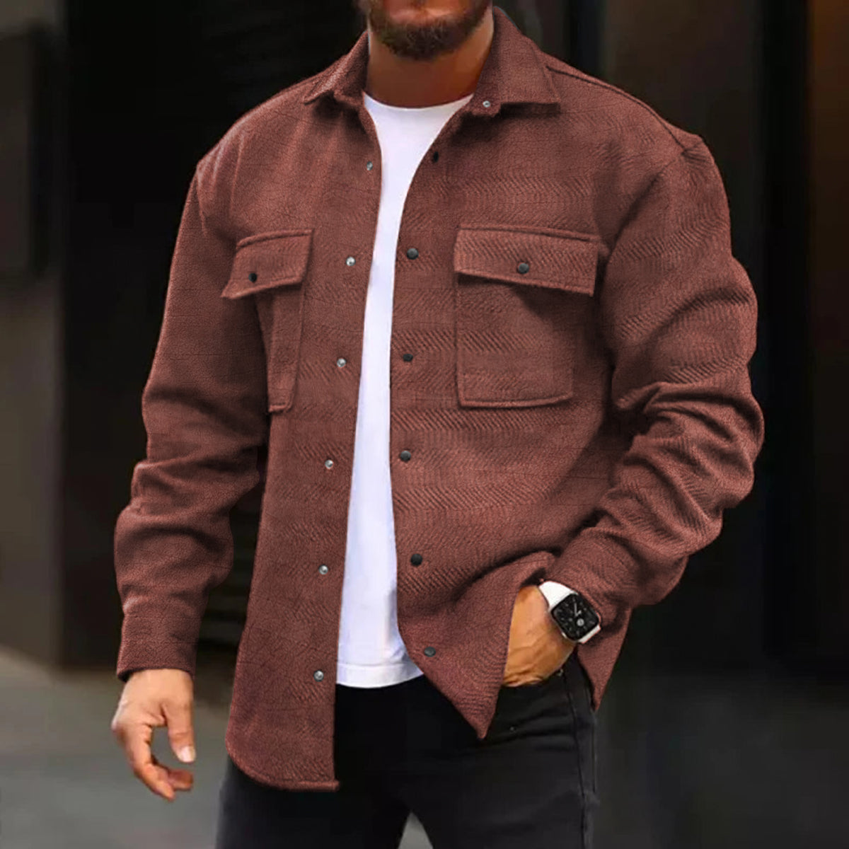 Men's Casual Jacket Brown Print Long Sleeve Pockets Jacket