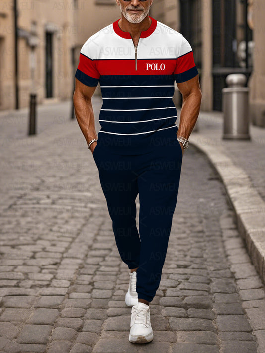 Zipper Short Sleeve Long Pants Two-Piece Set