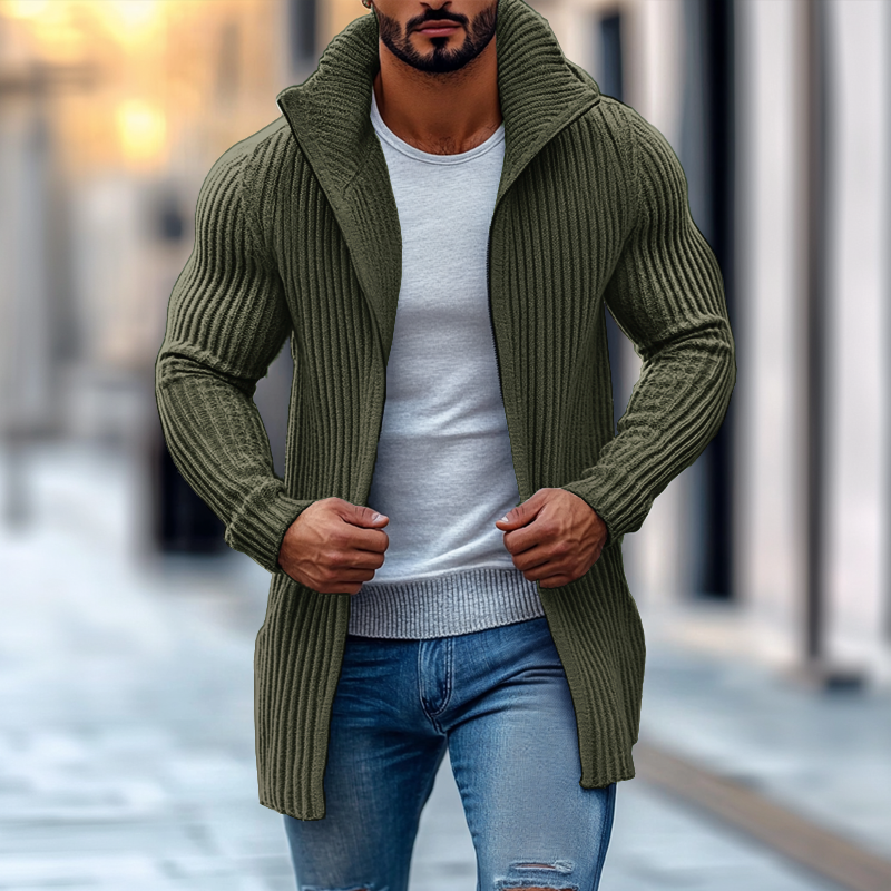 men's-fashion-stand-collar-solid-striped-long-sleeve-mid-length-knit-cardigan