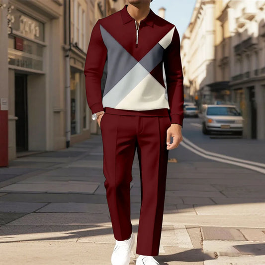 Zipper Long Sleeve Polo Long Pants Two-Piece Set
