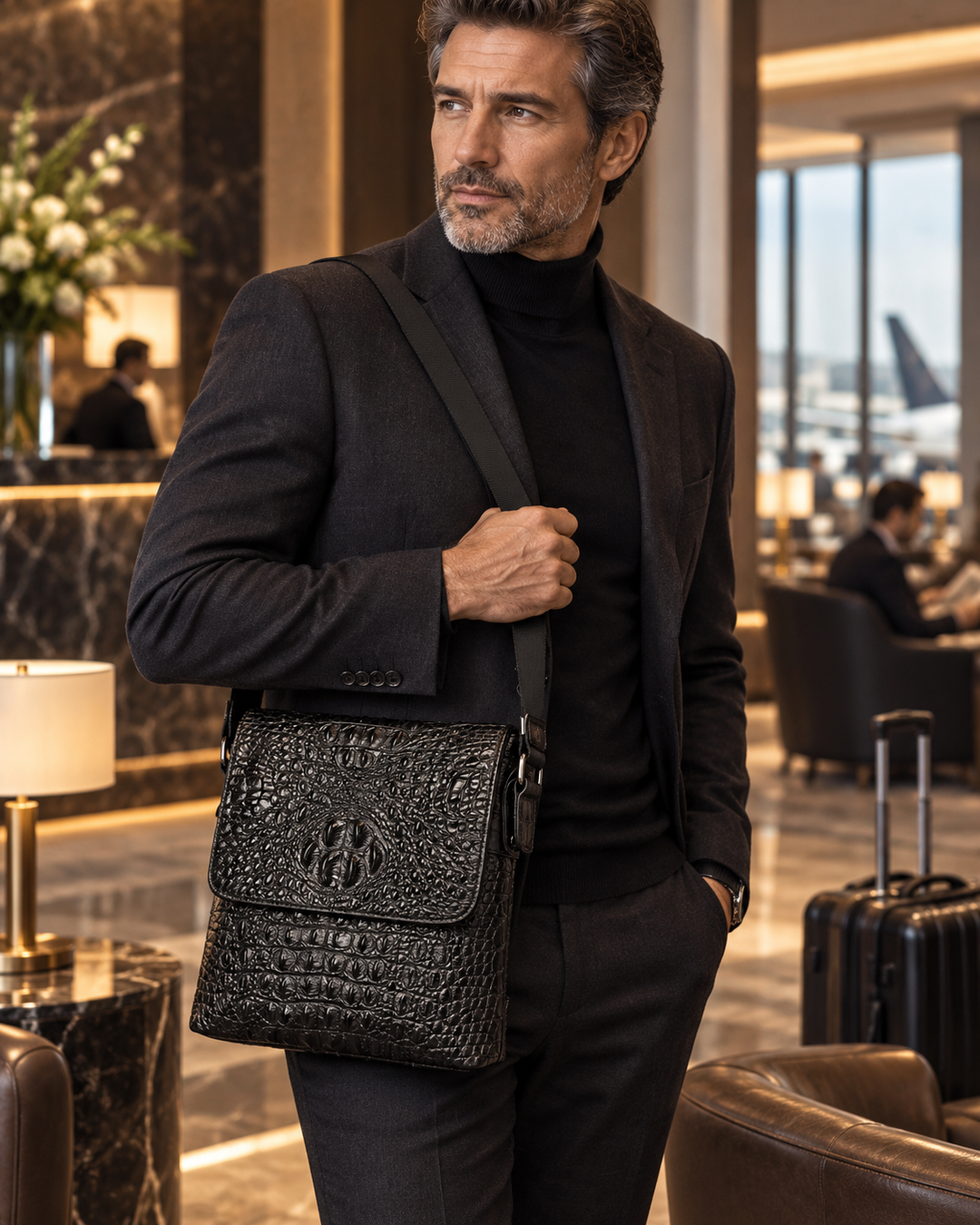 The Zurich 28 — Crocodile Crossbody Bag | Black