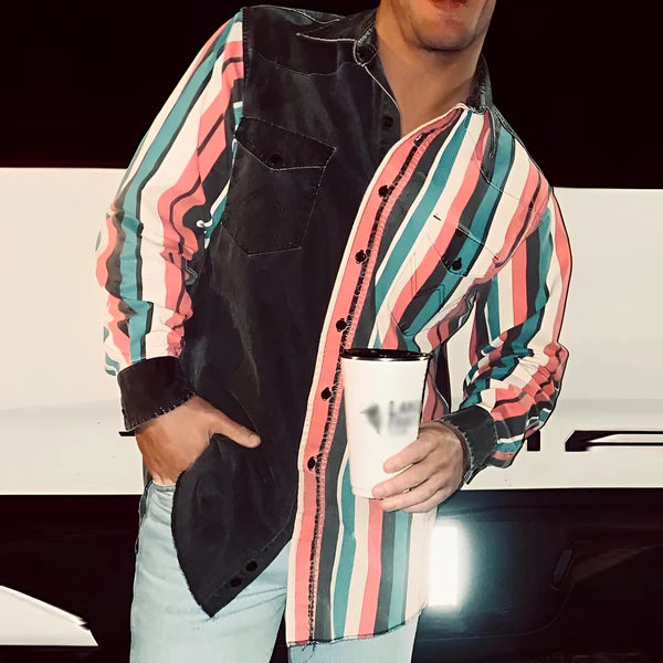 Retro Color Block Printed Loose Long Sleeve Shirt - DUVAL