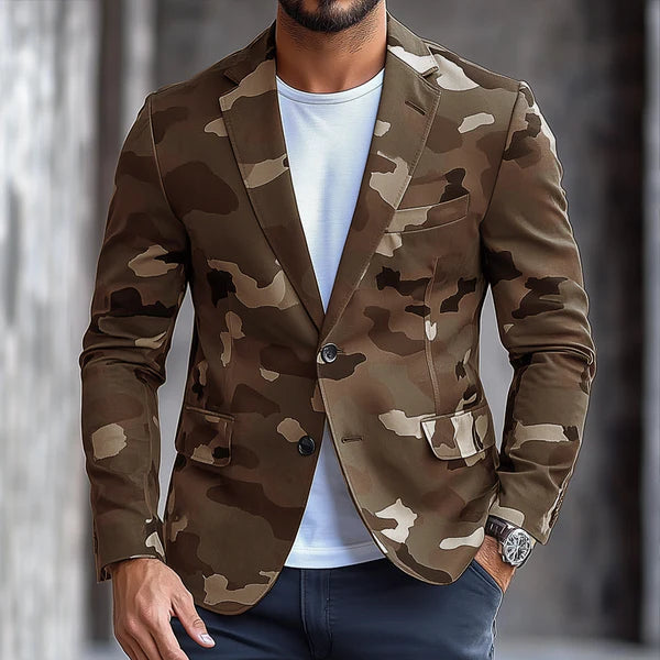 Retro Camouflage Notch Lapel Single Breasted Casual Blazer