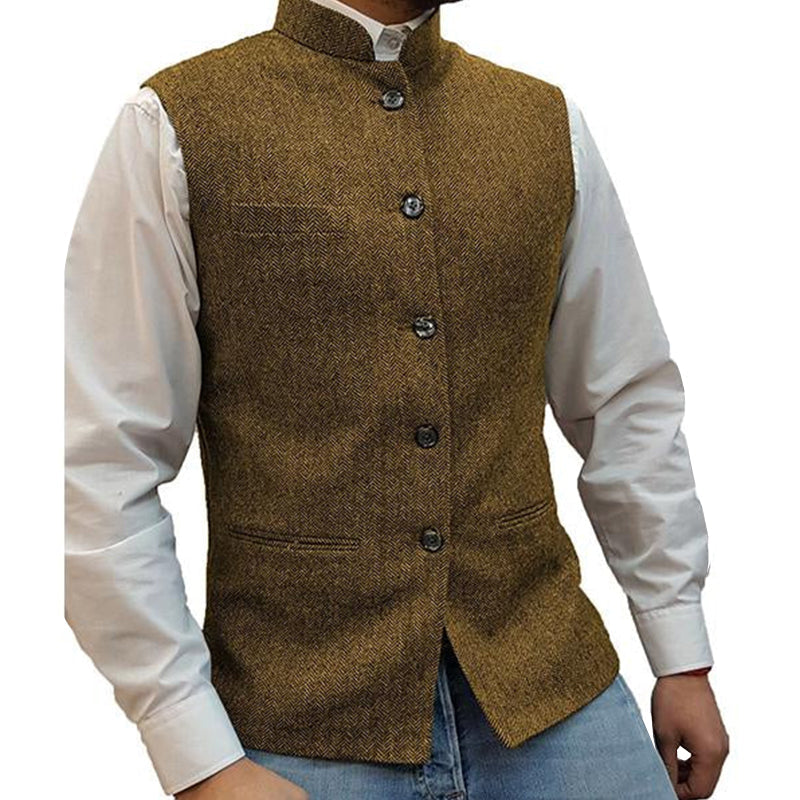 men's-stand-collar-herringbone-single-breasted-vest