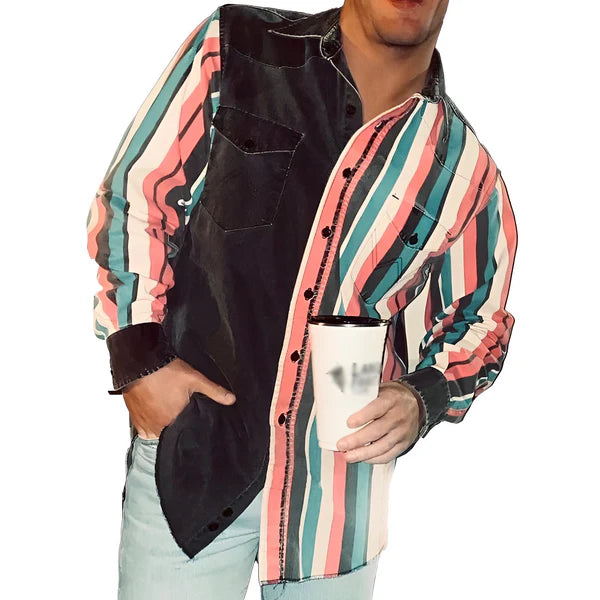 Retro Color Block Printed Loose Long Sleeve Shirt - DUVAL