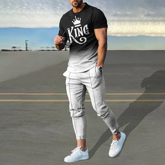 Black Gradient King Print T-Shirt And Pants Co-Ord