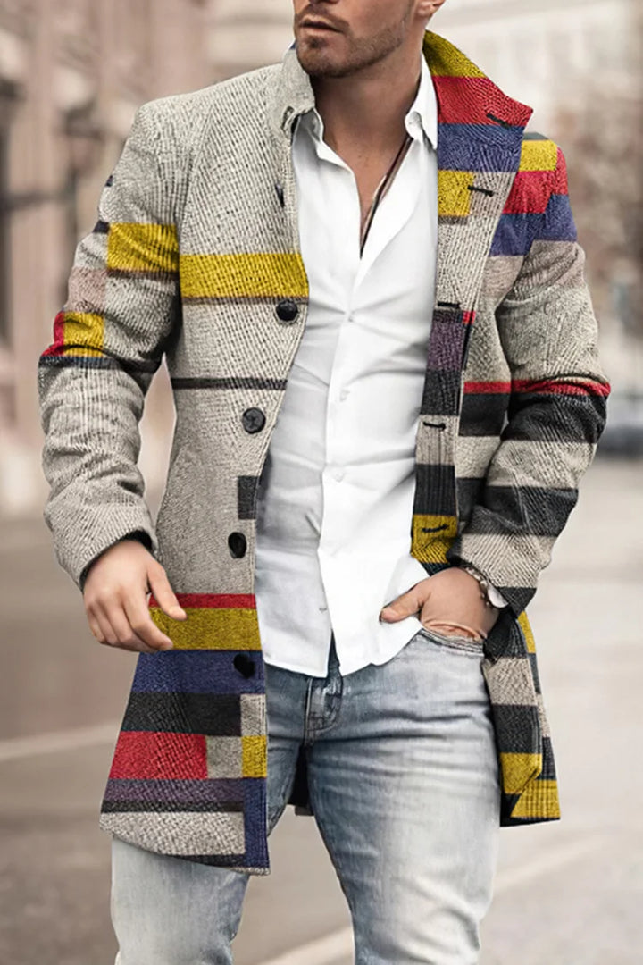 Lapel Simple Striped Colorblock Wool Coat - DUVAL