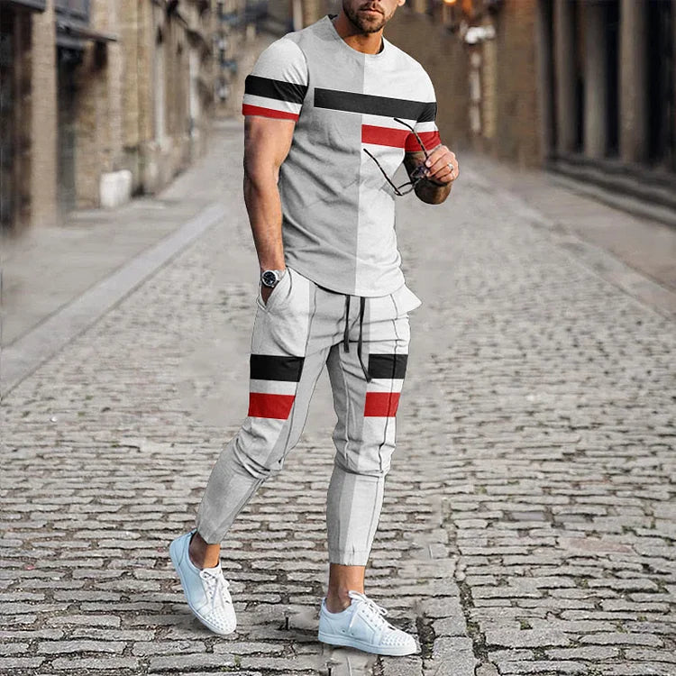 Men's Colorblock Stripe Print T-Shirt And Pants Co-Ord