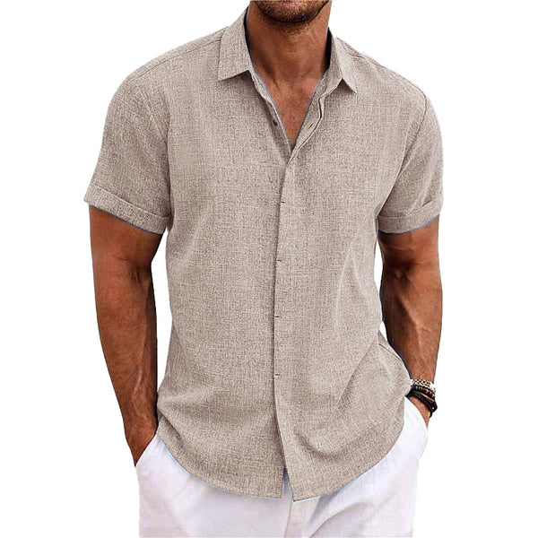 Solid Color Lapel Cotton Linen Short Sleeve Shirt