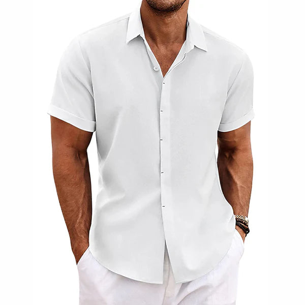 Solid Color Lapel Cotton Linen Short Sleeve Shirt