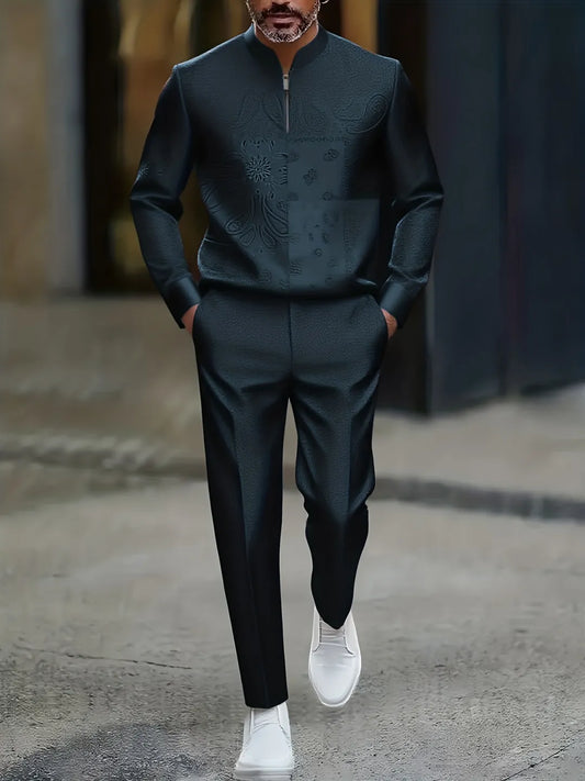 Neck Zipper Long Sleeved Trousers Two-Piece Set