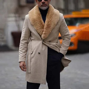 Beige Belt Eco Fur Long Coat - DUVAL