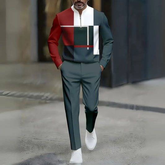 Neck Zipper Long Sleeved Trousers Two-Piece Set