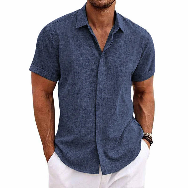 Solid Color Lapel Cotton Linen Short Sleeve Shirt