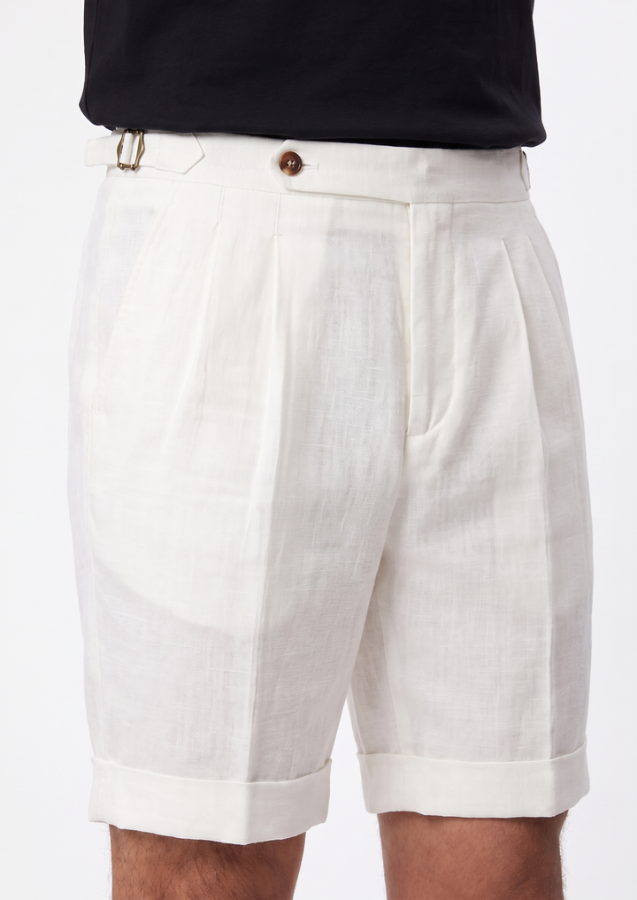 White Pleated Linen Seaside Shorts