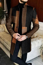 Geometric Color Block Standing Collar Mid-Length Coat - DUVAL
