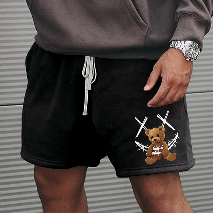 Retro Smiley Teddy Bear Print Casual Sports Shorts